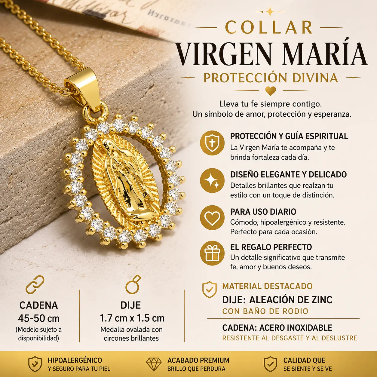 Collar Virgen María Protección Divina – Dije con Baño de Rodio y Cadena en Acero Inoxidable 🙏💖 descripcion