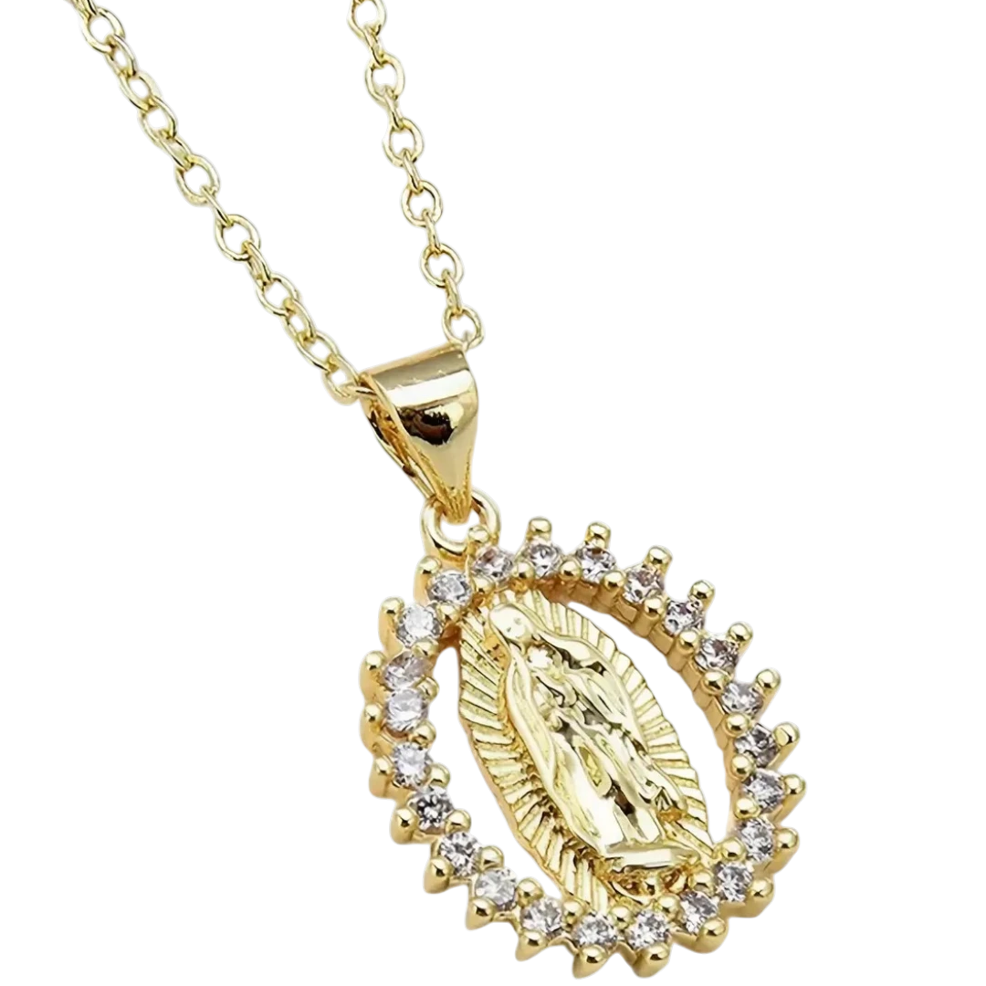 Collar Virgen María Protección Divina – Dije con Baño de Rodio y Cadena en Acero Inoxidable 🙏💖