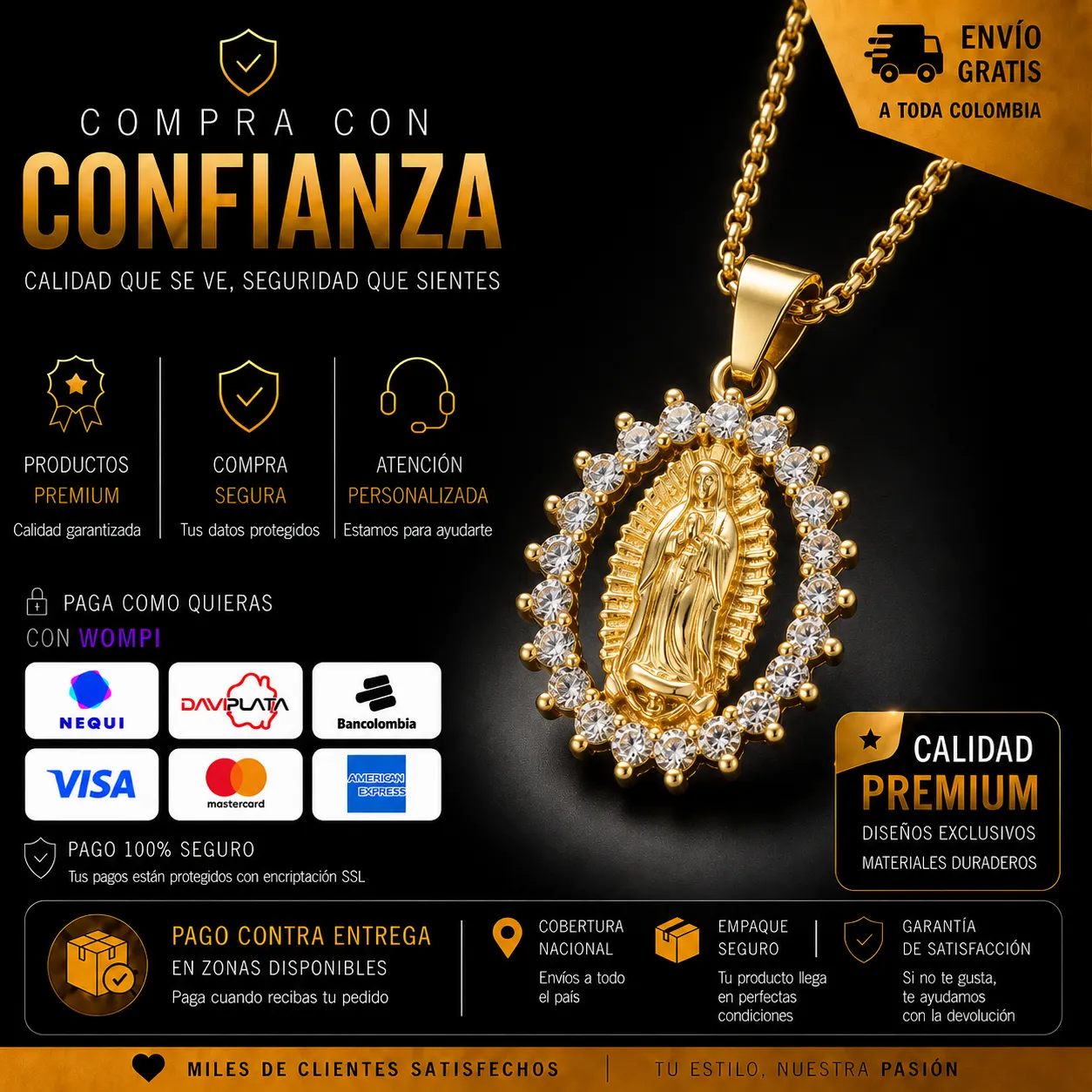 Compra con confianza Collar Virgen María Protección Divina – Dije con Baño de Rodio y Cadena en Acero Inoxidable 🙏💖